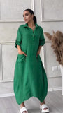 Cotton And Linen Solid Color Casual Polo Collar Pocket Length Dress Women