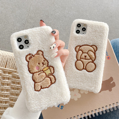 Mobile phone shell cute cartoon bear lamb wool velvet embroidery