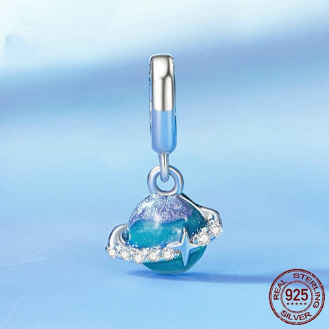 Blue Purple Planet Beaded S925 Sterling Silver White Gold Plated Scattered Beads Pendant Diy