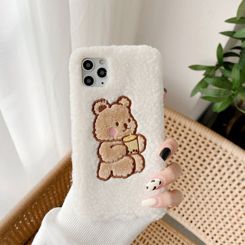 Mobile phone shell cute cartoon bear lamb wool velvet embroidery