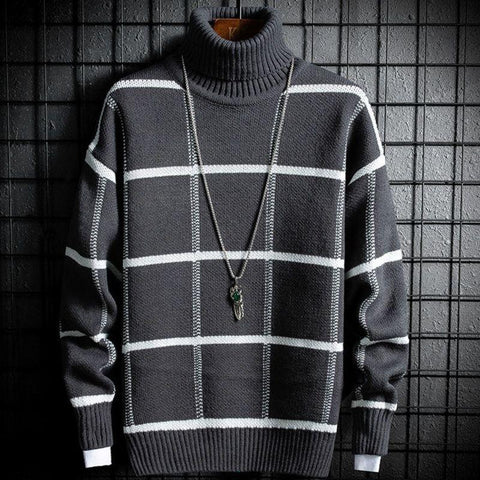 Korean Winter New Boys Sweater Fashion High Neck Bottoming Shirt Loose Casual Plaid Warm Sweater