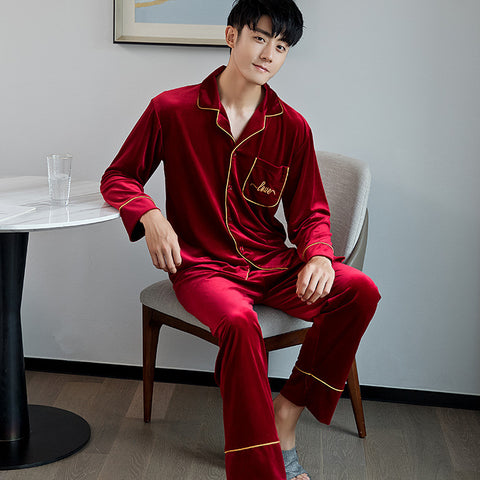 Couple Pajamas Women's Spring And Autumn Men's Long-sleeved Red Gold Velvet Home Wear