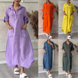 Cotton And Linen Solid Color Casual Polo Collar Pocket Length Dress Women