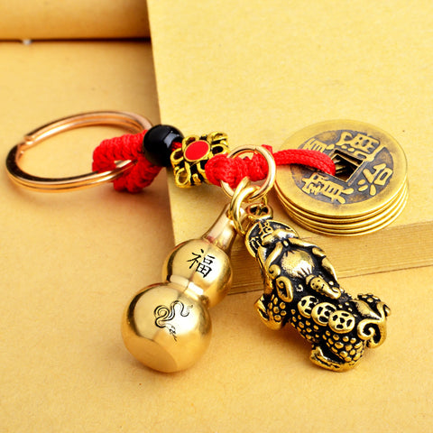 Brass Gourd Zodiac Keychain Vintage Pi Xiu Pendant Qing Dynasty Five Emperors' Coins Free Cinnabar Small Jewelry Factory Wholesale